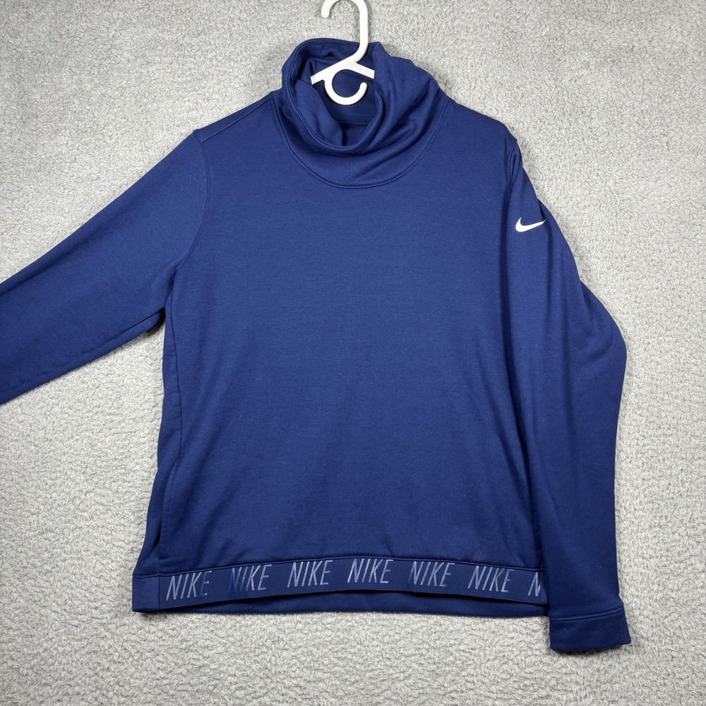 Nike Pullover Women XL Navy Dri-FIT Cowl Neck Branded Elastic Hem Active Top